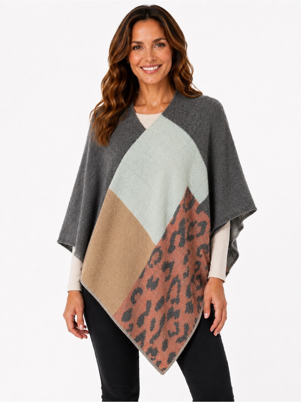 Color block animal print poncho NWT